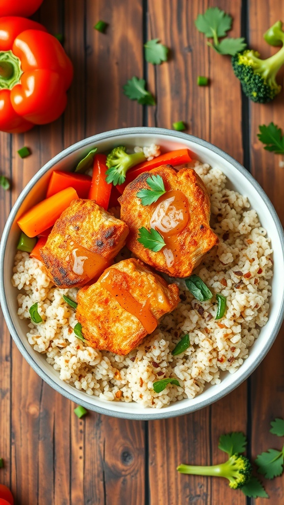 Crispy Air Fryer Salmon Bites Bowl A bowl of crispy salmon bites on quinoa with mixed vegetables, garnished with herbs, on a rustic table.